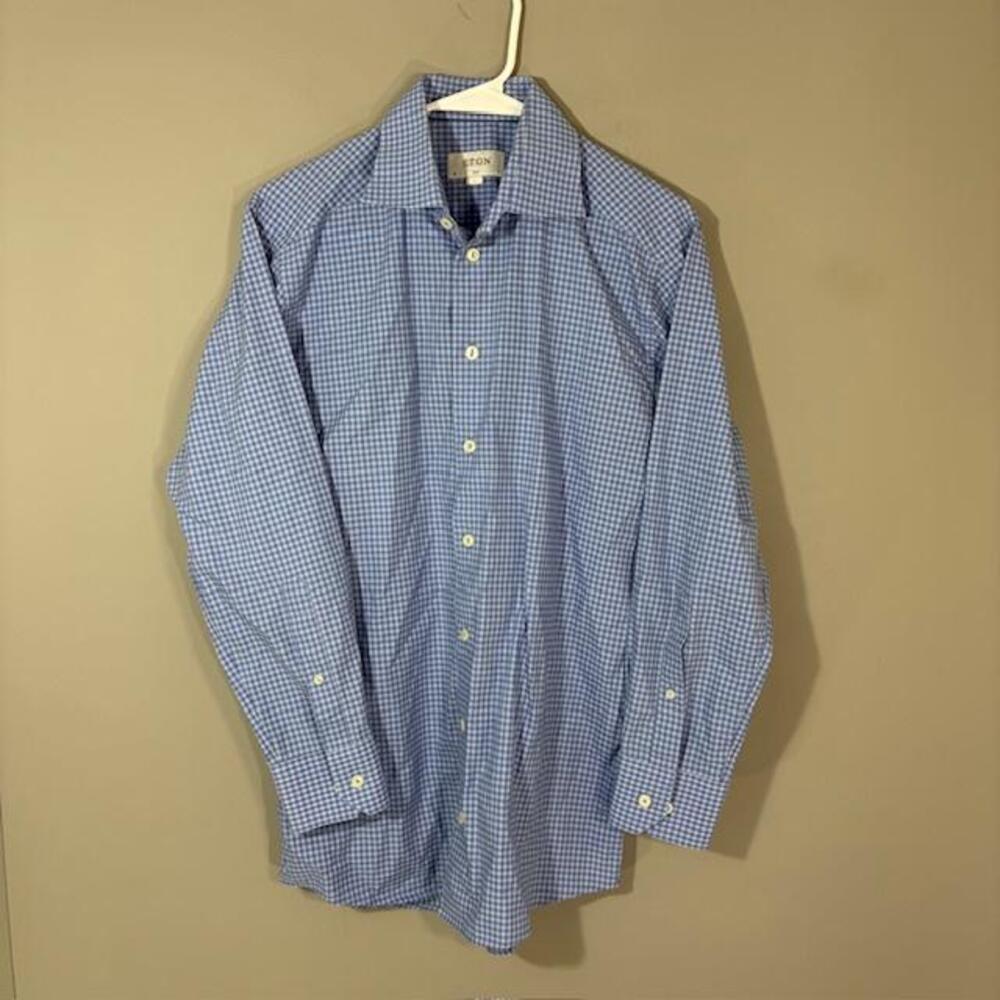 Eton Shirt Mens 15 38 Blue Gingham Slim Fit 100% Cotton Dress Long Sleeve